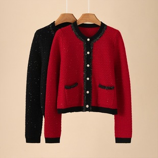 法式名媛风 新年红奢雅风100%纯山羊绒开衫26小香风针织短款外套