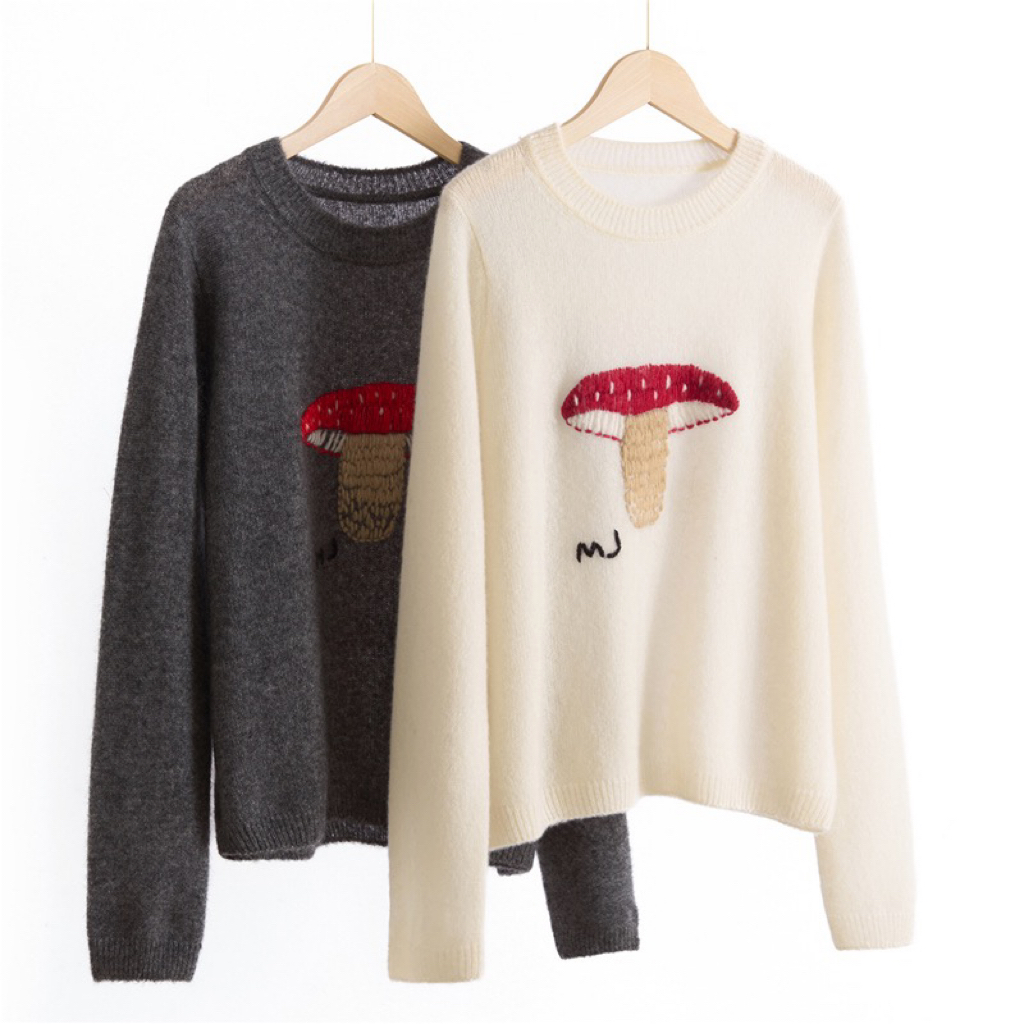 75%羊绒25%桑蚕丝   丝羊绒手绣蘑菇 软糯云朵触感小蘑菇套头毛衣