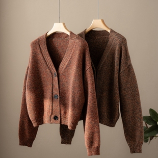 LP花线100%山羊绒四股线加厚开衫外套V领阔版短款针织宽松上衣25