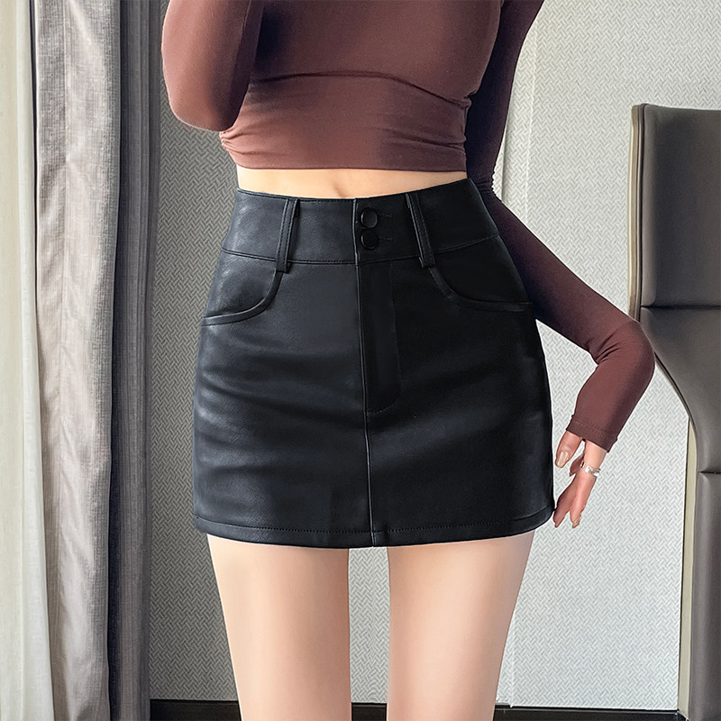 黑色a字小皮裙半身裙女春季新款百搭修身显瘦包臀一步裙pu皮短裙