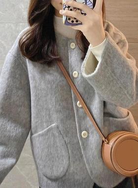 灰色双面加厚毛呢外套女秋冬季2025新款韩系小香风超好看呢子大衣