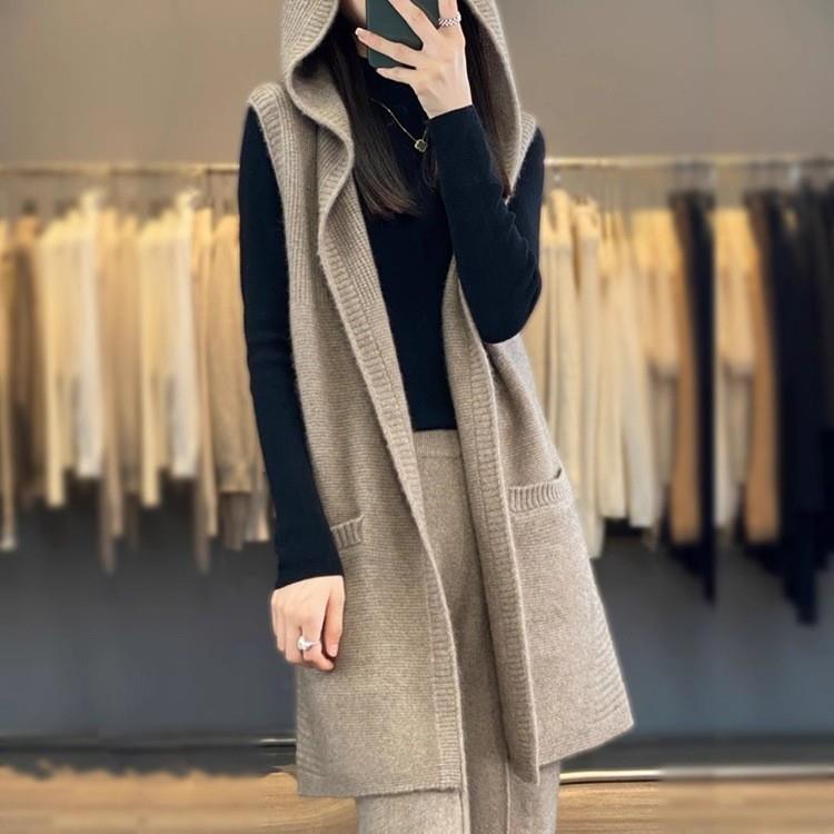 针织坎肩女2025年秋季宽松外套连帽女中长款帯兜无袖上衣马甲背心