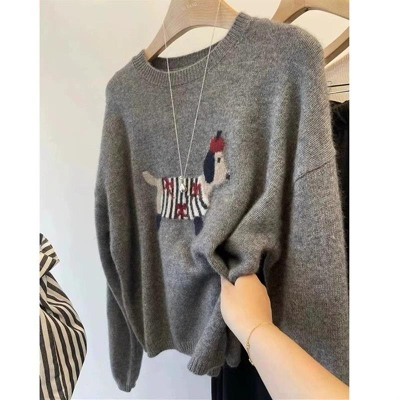 灰色浣熊绒小狗套头加厚毛衣女秋冬2025新款内搭针织打底衫上衣冬