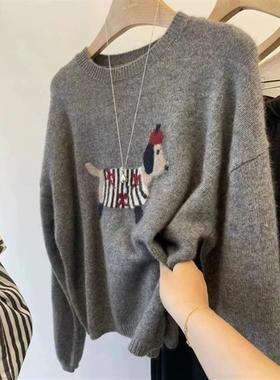 灰色浣熊绒小狗套头加厚毛衣女秋冬2025新款内搭针织打底衫上衣冬