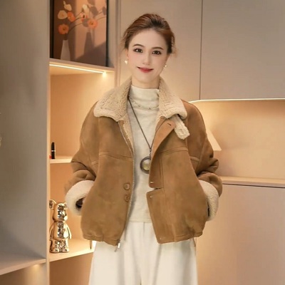 短款皮毛一体加绒加厚外套女2025冬季新款立领爆款机车服夹克上衣