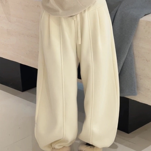 冬季新款百搭休闲纯色时尚加绒卫裤女抽绳束脚两穿阔腿松紧腰裤子