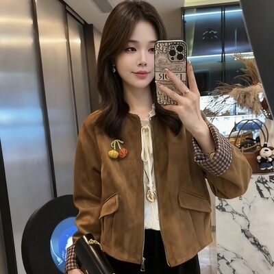 小个子短款麂皮绒外套女2025秋新款洋气复古鹿皮绒机车皮衣夹克潮