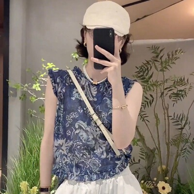 法式复古碎花衬衫女2025夏季新款设计感小众无袖高级感蓝色上衣潮