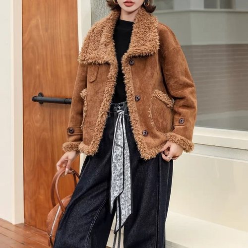 韩式加厚皮毛一体翻领外套女秋冬羊羔毛加绒机车服宽松鹿皮绒上衣