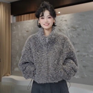 韩系羊羔毛短款外套女2025冬季新款羊剪绒皮毛一体皮草立领上衣
