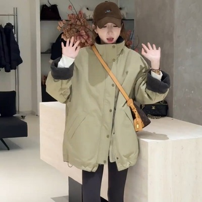 韩系两面穿冬季百搭宽松立领派克服女中长款加绒保暖慵懒风外套女