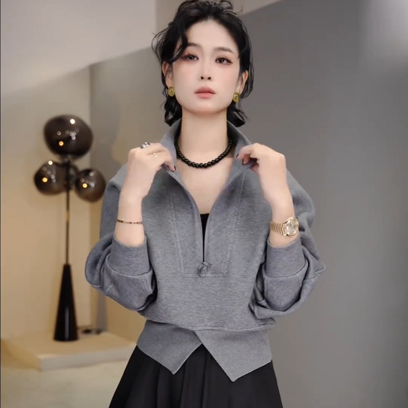 韩版灰色立领半拉链加绒卫衣女2025秋季款宽松显瘦设计感短款上衣