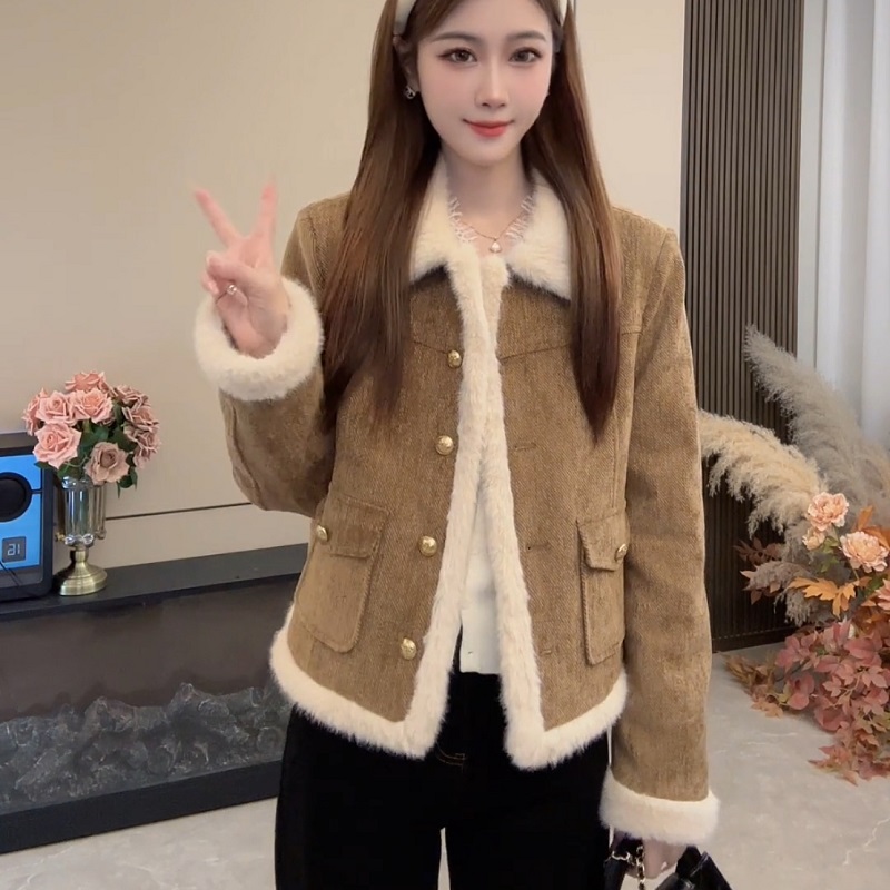 皮毛一体加绒外套女冬季保暖美拉德2025秋冬季新款短机车服小个子