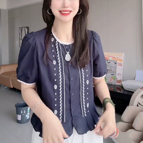 韩版时尚圆领刺绣短袖衬衫女2026夏季新款百搭蕾丝花边小衫上衣潮
