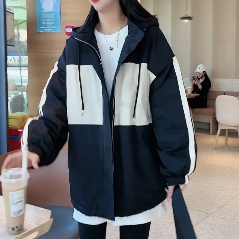 欧洲站时尚加棉外套女冬季新款宽松连帽冲锋衣夹棉运动棒球服上衣
