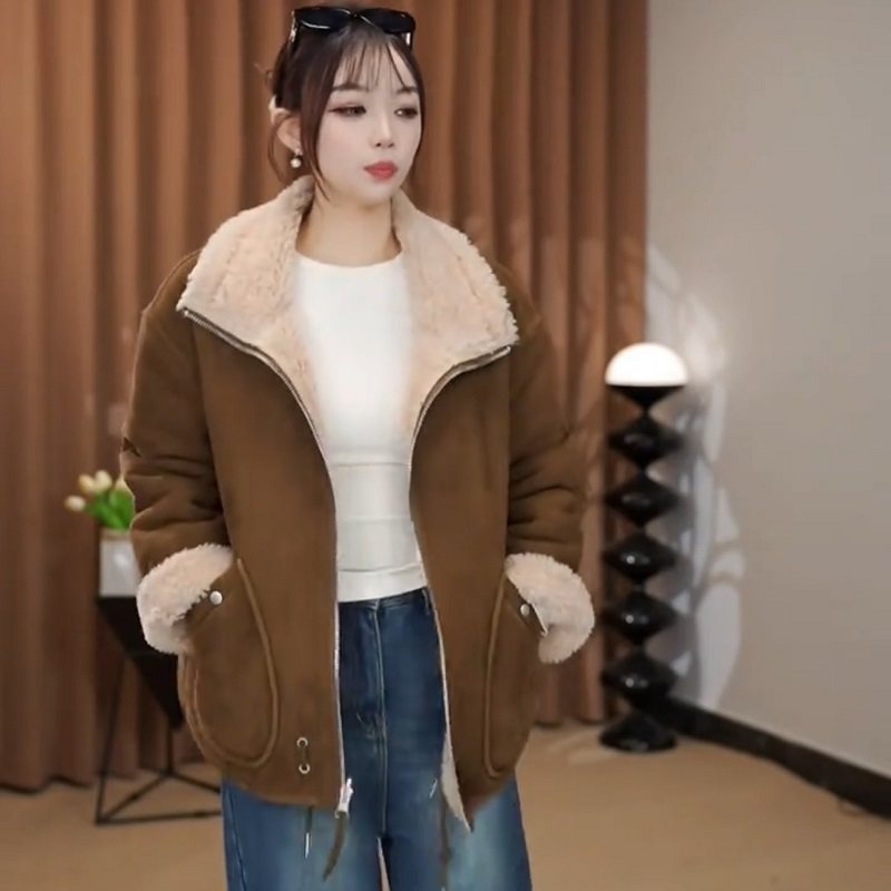 加绒加厚双面穿立领皮毛一体外套女冬大口袋设计感宽松小个子棉衣