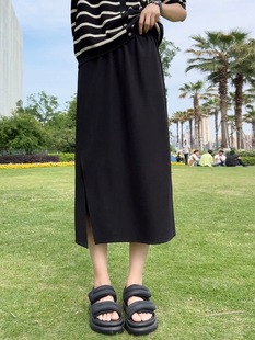 黑色直筒裙子 半身裙女巨显瘦遮肚子藏肉百搭长款 夏季 侧开叉A字版