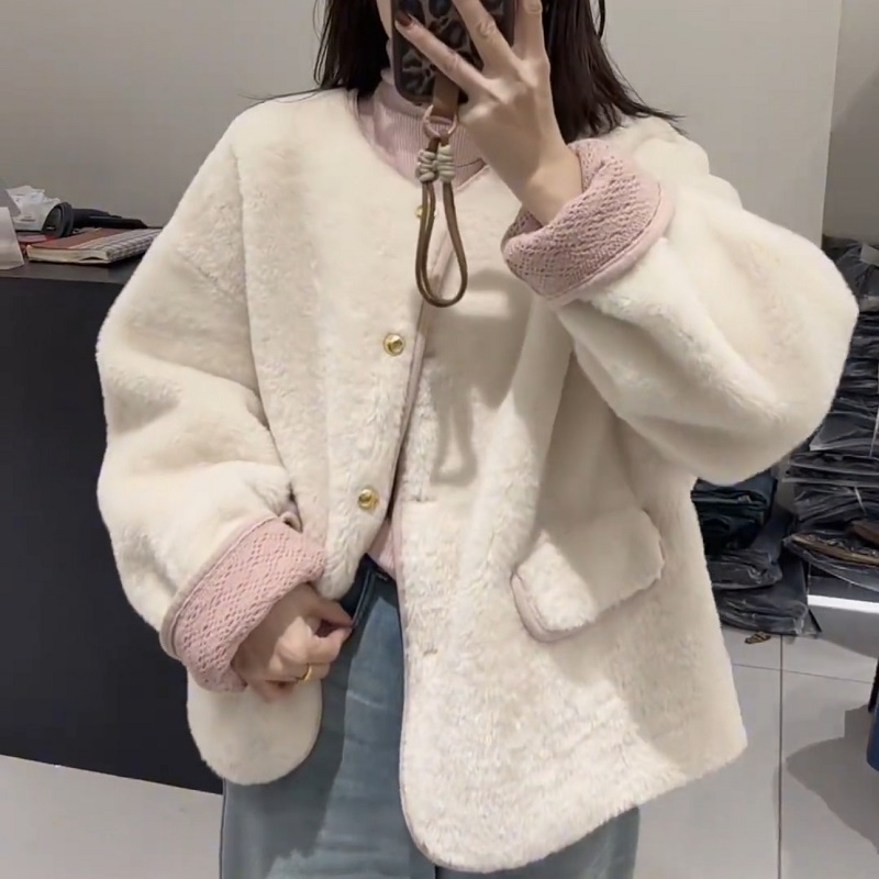 羊羔毛撞色皮毛一体加厚外套女冬甜美减龄鹿皮绒毛绒绒上衣高级感