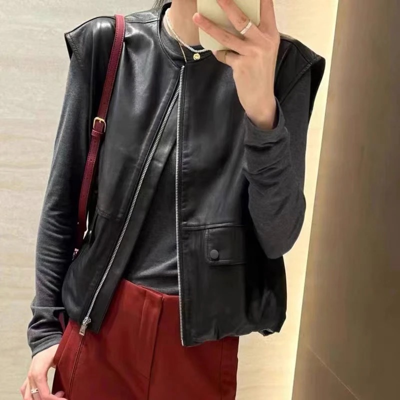 设计感圆领拉链皮马甲女2025秋新款百搭宽松显瘦韩版时尚叠穿马甲