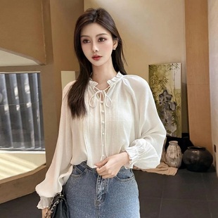 设计感蝴蝶结系带衬衣小个子法式 女 复古木耳边甜美温柔花边领衬衫