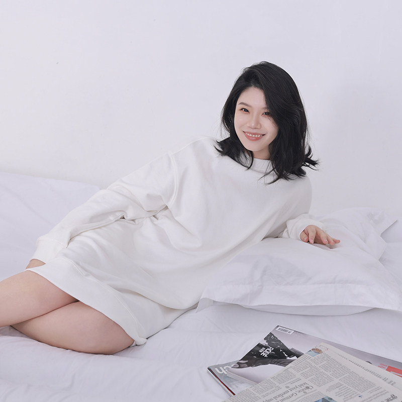 【原创设计】片瓦间女长袖白色纯棉休闲卫衣款可外穿睡裙家居服