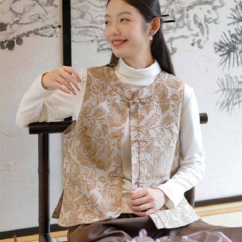 2024秋冬新款复古中式棉马甲高级感中国风盘扣提花外穿马夹背心女