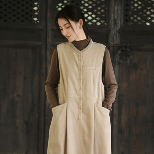 秋冬新款灯芯绒新中式棉马甲裙中长款国风复古小众无袖坎肩马夹女