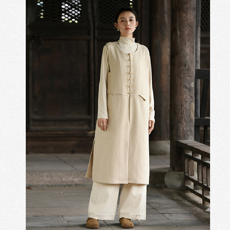 新中式秋冬新款无袖马夹过膝连衣裙设计感国风羊毛开叉背心马甲裙