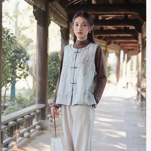 新中式秋季新款气质亚麻印花文艺马甲女国风复古盘扣背心外穿上衣