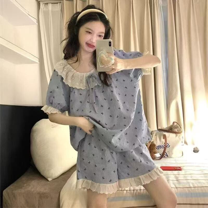 公主风睡衣女款夏季韩版甜美云朵棉花边娃娃领短袖宽松家居服套装