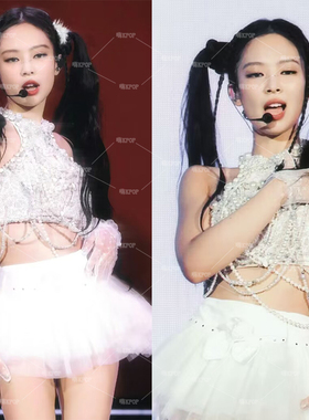 blankpink女团jennie金智妮同款打歌服 白色重工钉珠爵士表演出服