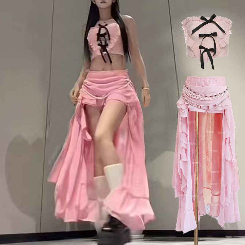 gidle宋雨琦同款打歌服爵士舞台表演出服荷叶边粉色裙裤挂脖辣妹