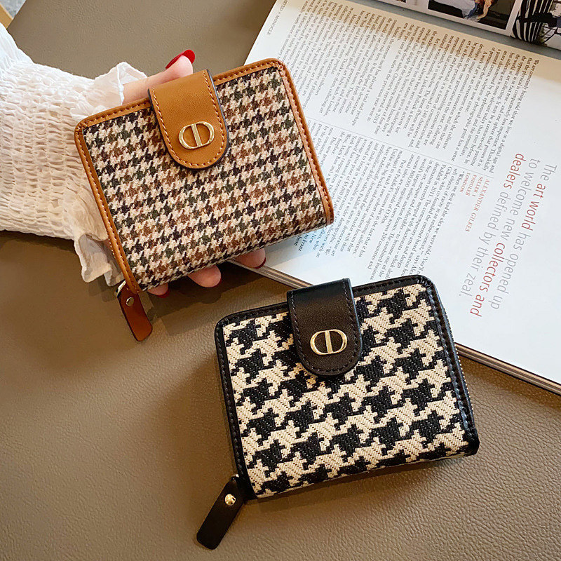 零钱包女小迷你小巧女式钱包2022爆款钱包女高级感千鸟格帆布卡包