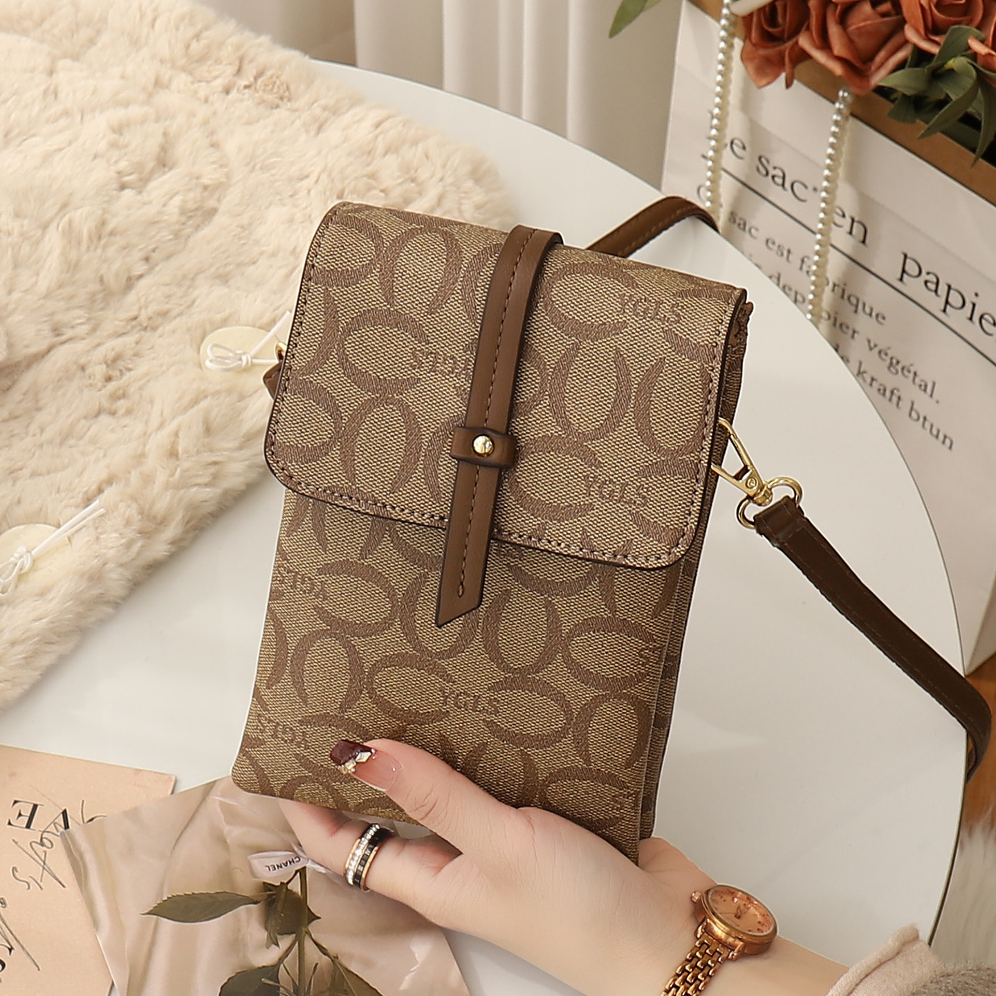 手机包女斜挎迷你小包高级复古印花手机袋散步逛街轻便拉链小挎包