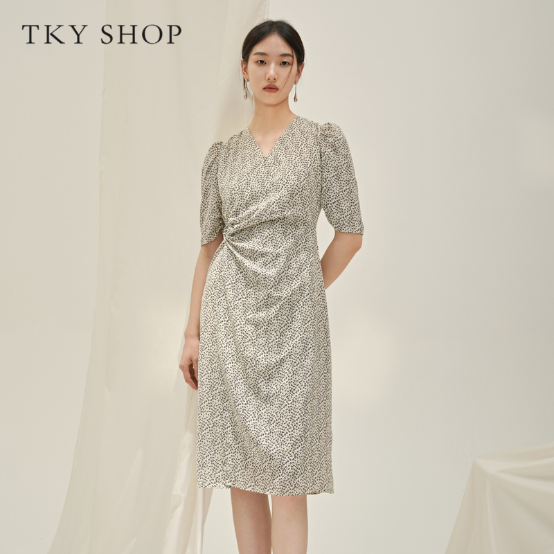 TKYSHOP中袖V领碎花系带连衣裙