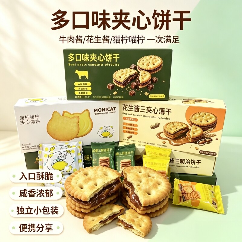 【三口味】牛肉酱花生酱三明治猫柠喵柠夹心饼干礼盒装解馋小零食