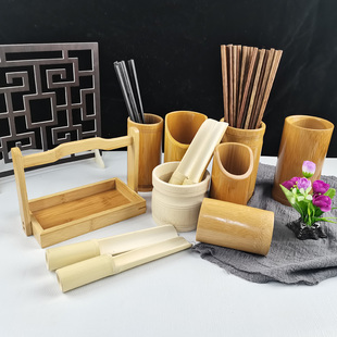 火锅店竹木虾滑餐具虾滑筒筷筒创意特色虾滑套装长方形竹盒挂鸭肠