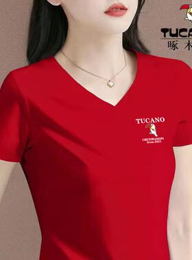 啄木鸟正品2025新款夏季短袖洋气休闲潮时尚inst恤女V领百搭上衣