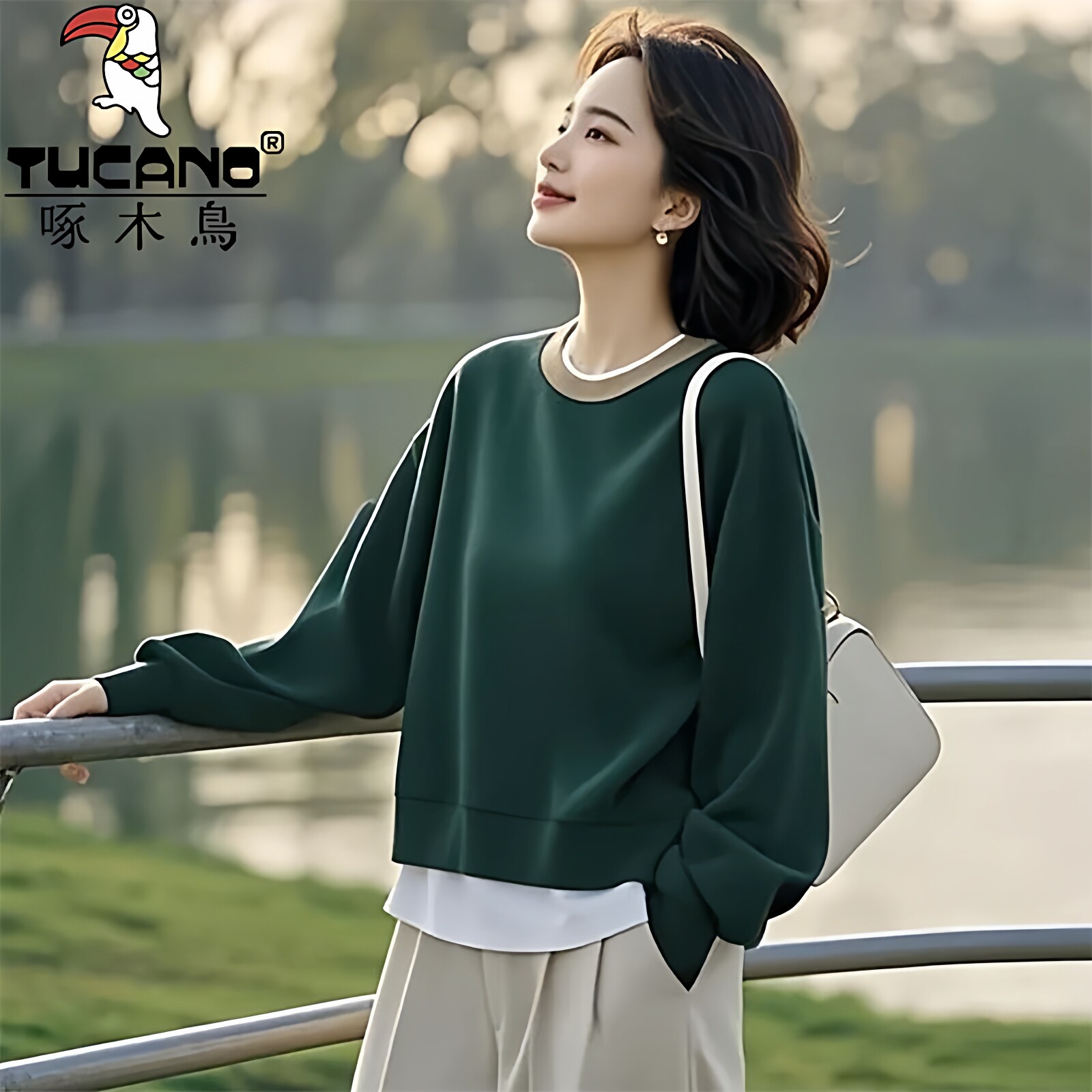 啄木鸟正品纯棉假两件卫衣女2026春季时尚显瘦高档简约圆领上衣女