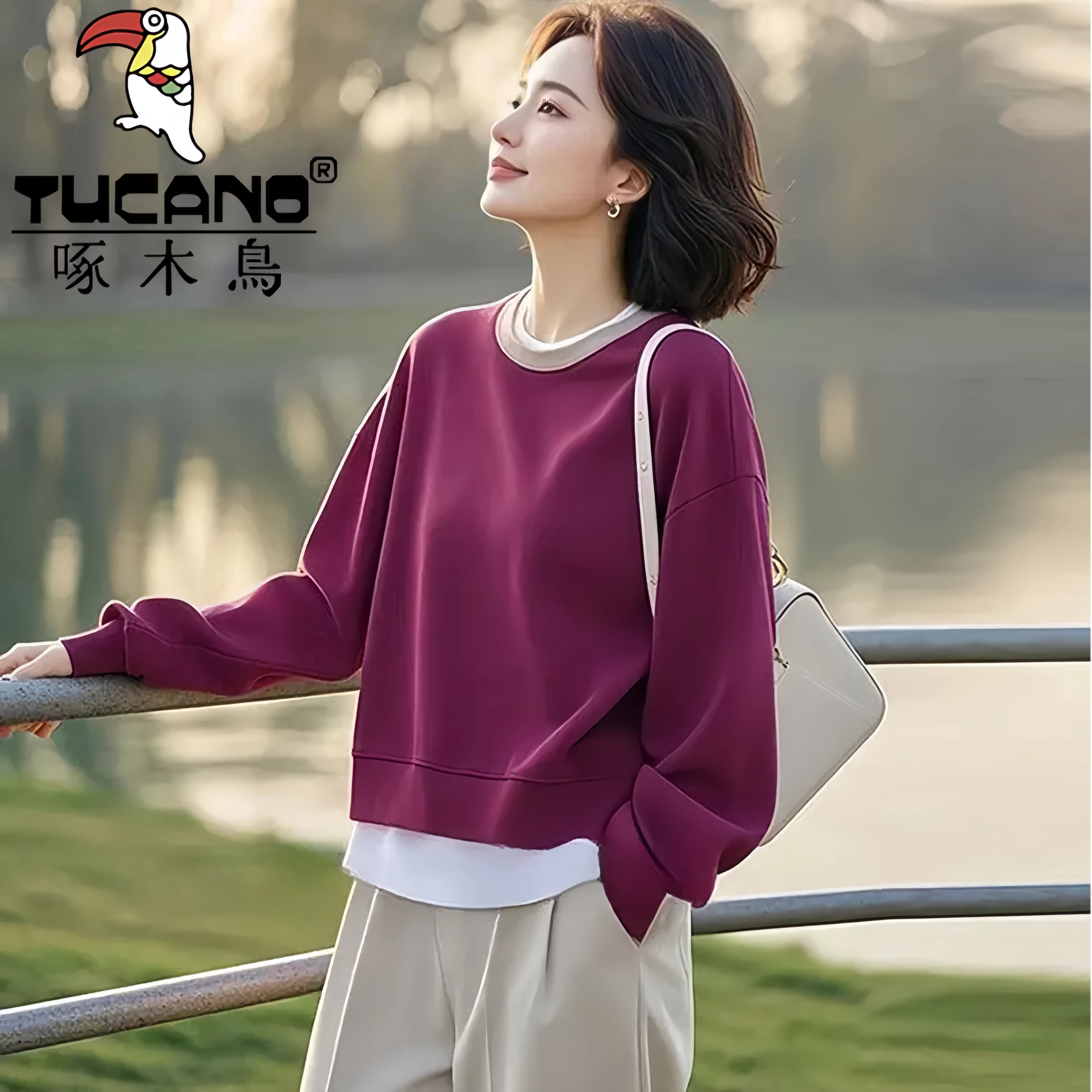 啄木鸟纯棉假两件套头卫衣女秋冬新款宽松小个子洋气减龄百搭上衣