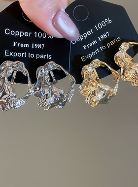 高级感金属耳夹女欧美冷淡风褶皱耳钉耳环2026新款气质无耳洞耳饰