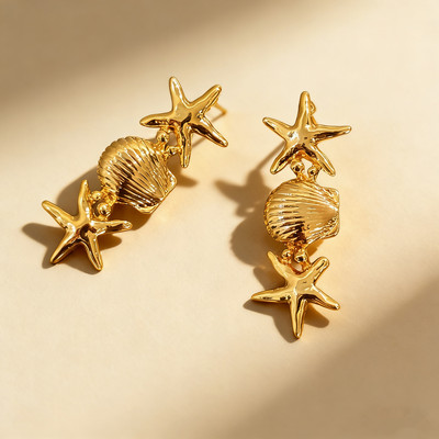 画蝶饰品复古金色海星贝壳耳钉