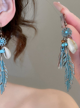 复古贝壳金属羽毛耳环度假风绿色耳饰女高级感独特漂亮流苏耳挂
