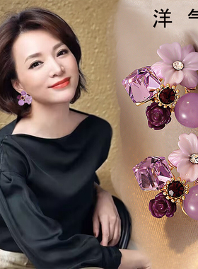 热卖时尚珍珠耳钉女S999纯银轻奢高级感耳环2025新款洋气紫色耳饰