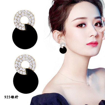 S925纯银针黑色螺旋圆耳钉女气质韩国简约百搭耳环网红防过敏耳饰