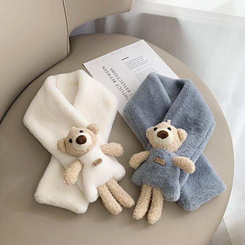 可爱小熊儿童毛绒围巾男女冬季加厚护颈围脖宝宝小孩交叉保暖脖套