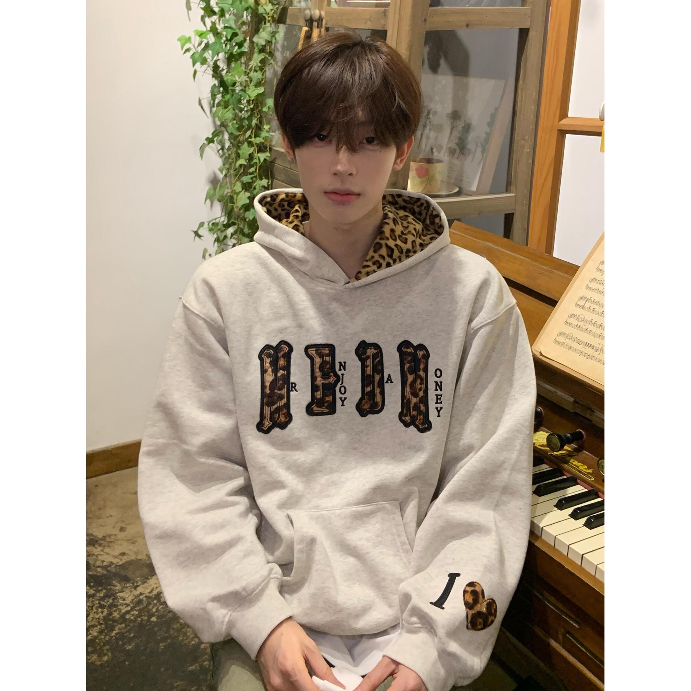 美式重磅豹纹帽衫卫衣男款秋冬加绒加厚字母贴布刺绣宽松情侣外套