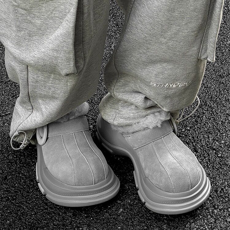 潮牌新款男鞋勃肯雪地靴男冬季加绒保暖一脚蹬半拖棉鞋厚底增高鞋