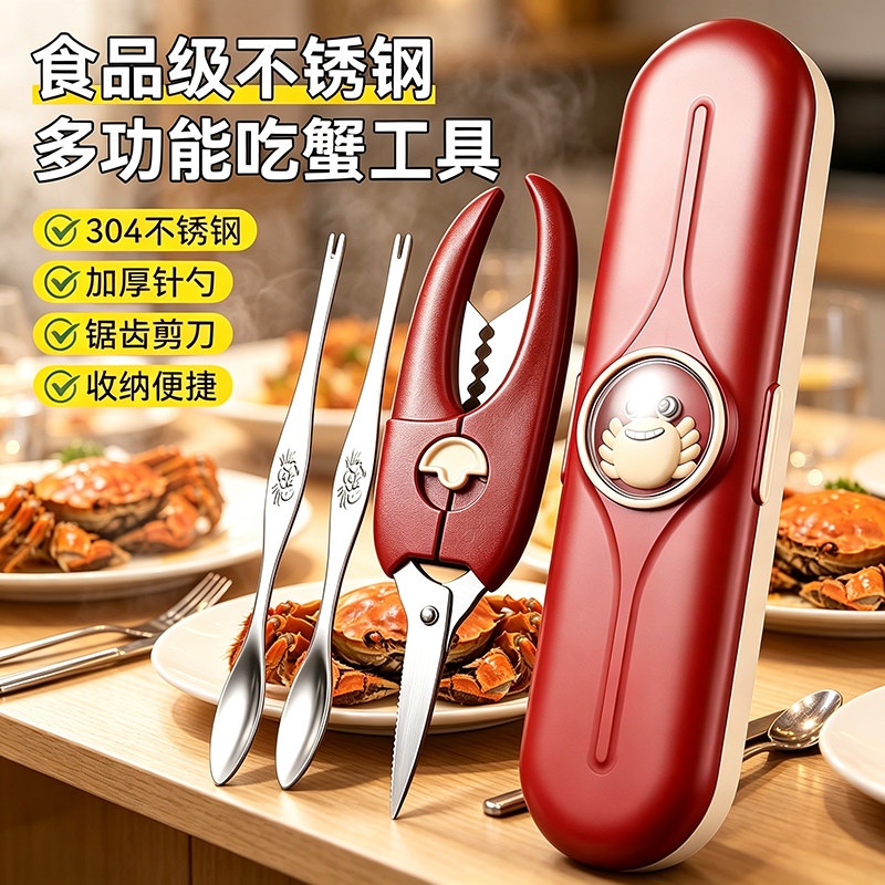 不锈钢吃螃蟹工具挑蟹肉掏蟹黄神器拆蟹剥蟹钳锯齿夹蟹脚剪刀破壳