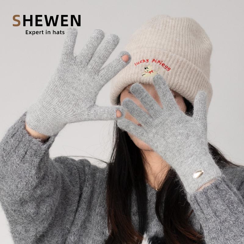 纯色兔毛针织手套女冬季高级感五指防风保暖骑行手套触屏玩手机